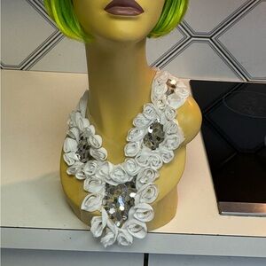 TASSONI Haute Couture OOAK Hand made white floral Bridal Silver paillette Bib